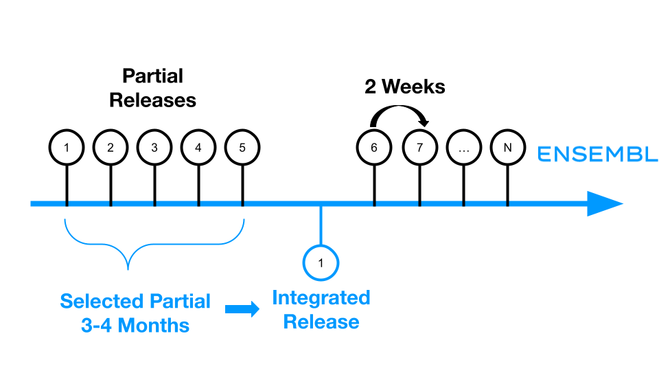 A diagram showing the new Ensembl release cycle. Partial releases can be available every two weeks. Integrated releases include a set of partial releases every three to four months.